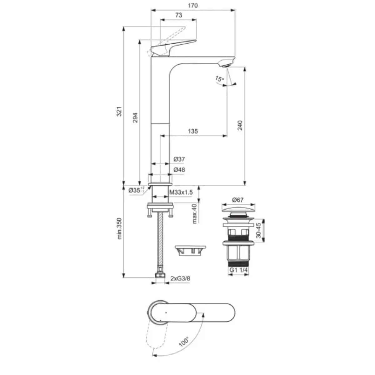 Ideal Standard Ceralife O - Baterie de lavoar ClickClack cu evacuare, BlueStart, negru matase - imagine 5