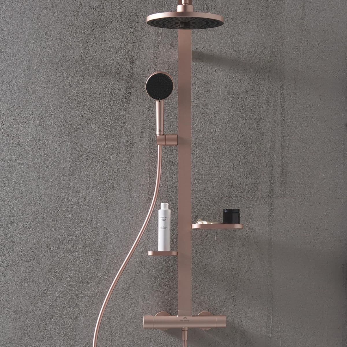 Coloana dus cu baterie si termostat Ideal Standard Ceraflow Alu+ si doua rafturi, auriu rose