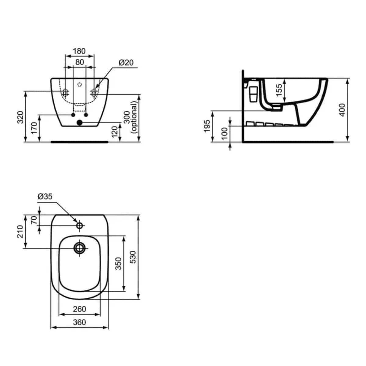 Bideu suspendat, Ideal Standard Tesi, 360x530 cm, cu preaplin, orificiu pentru baterie, alb - imagine 5