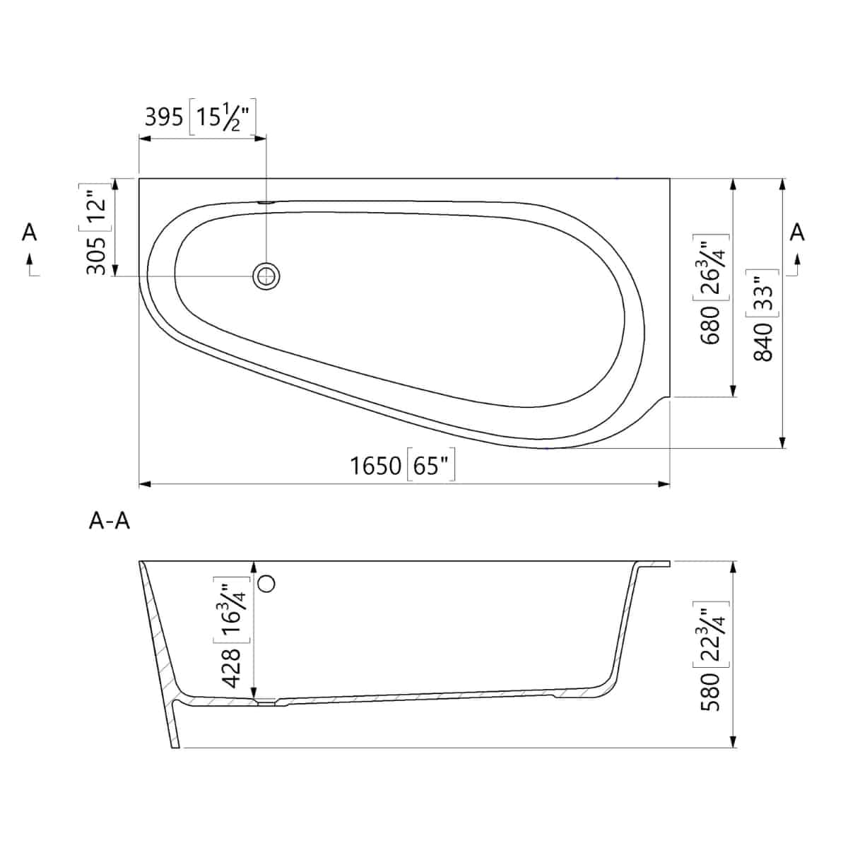 Cada de colt stanga BT 0645 1650 LEFT CORNER – Mineral Composite, cu montaj perete, finisaj mat sau lucios, 1650x840 mm - imagine 2