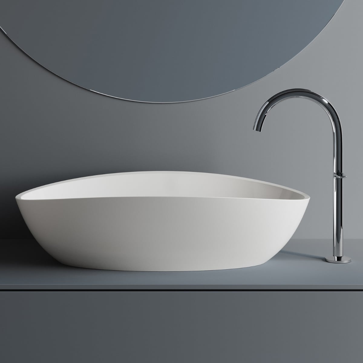 Lavoar pe blat oval din Mineral Composite – 599 mm, cuva centrala, fara preaplin, finisaj lucios