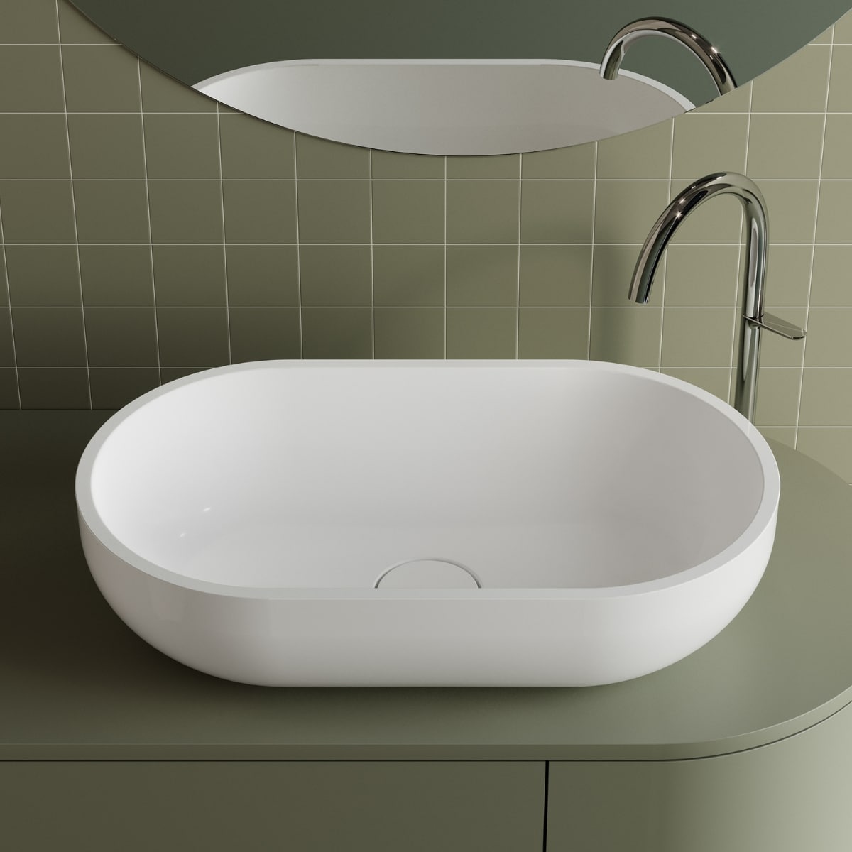 Lavoar pe blat oval WB 0533 C 600 C din Mineral Composite – 600 mm, fara preaplin, finisaj lucios