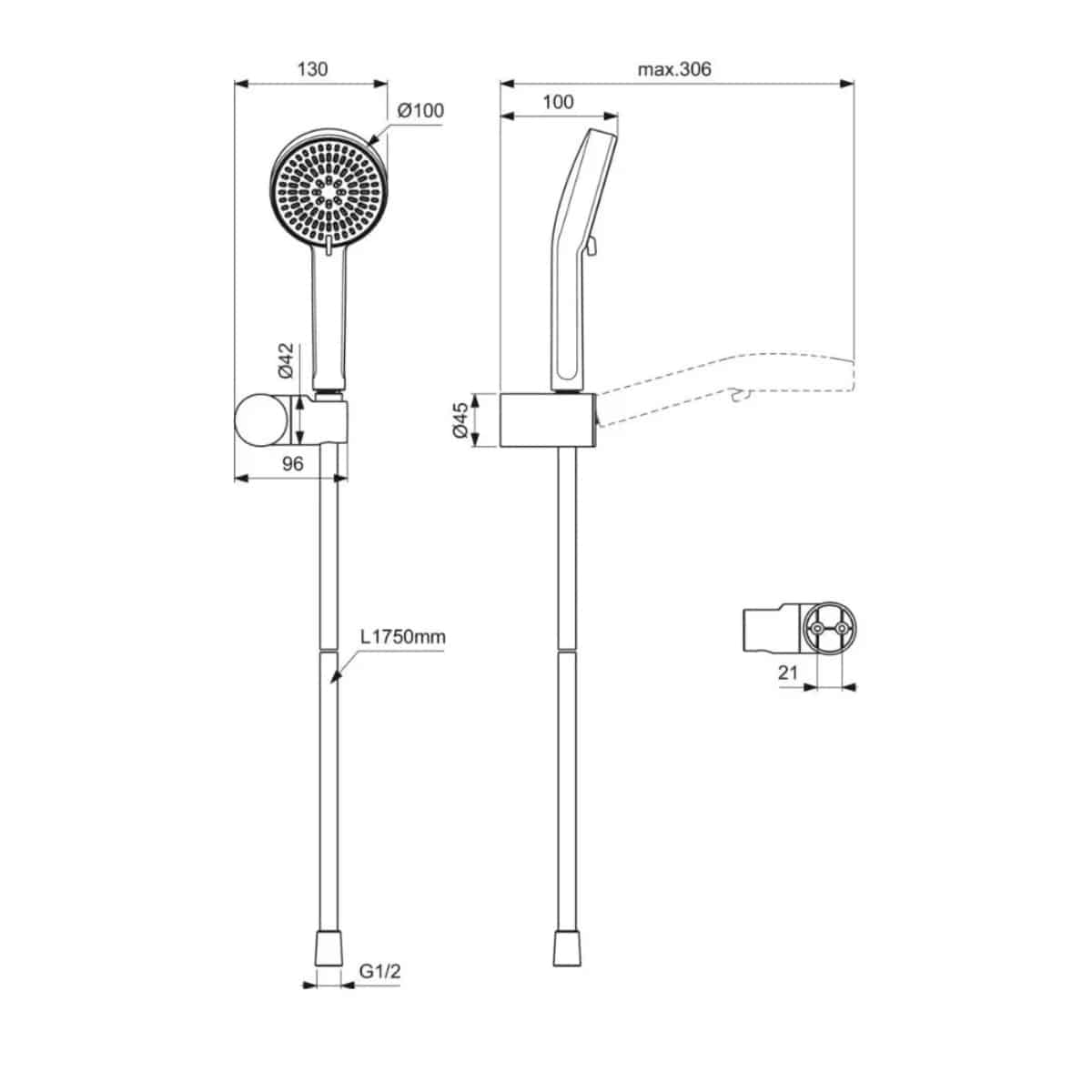 Set para de dus Ideal Standard Idealrain – 2 jeturi, negru matase, cu suport si furtun - imagine 2