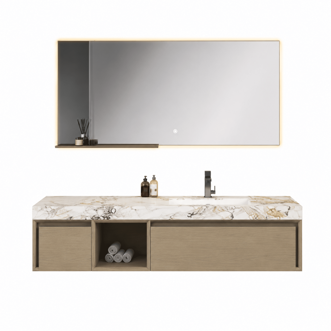 ALTEIA – Mobilier de baie suspendat din lemn masiv de frasin, 160 cm, cu lavoar integrat și oglindă LED