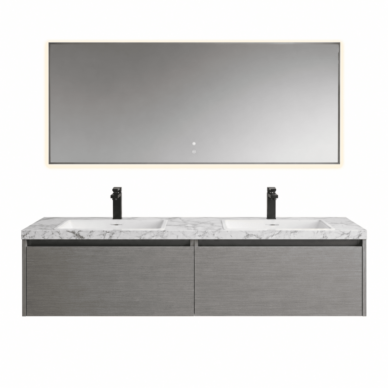 ZENOVA – Mobilier de baie suspendat din lemn masiv de arbore de cauciuc, 160 cm, cu două lavoare integrate și oglindă LED