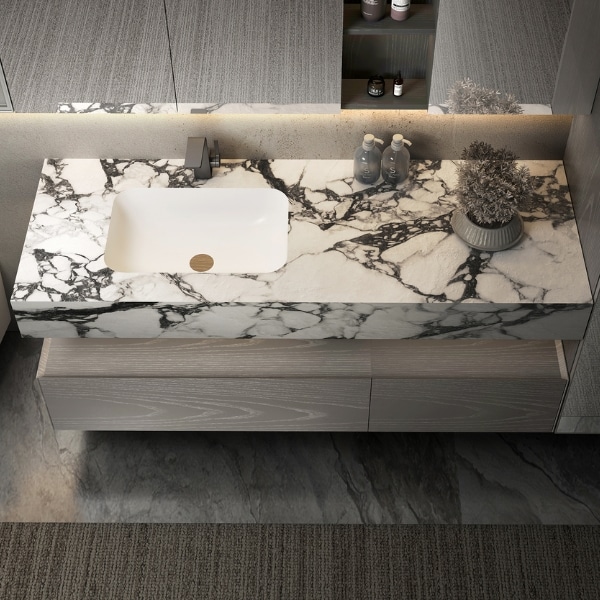 ARVIA – Mobilier de baie suspendat din lemn masiv de frasin, 160 cm, cu lavoar integrat și dulapuri LED - imagine 3