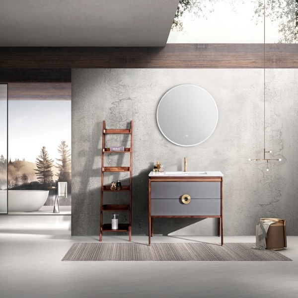 VELLA – set mobilier de baie din lemn din nuc 900 × 560 × 850, cu lavoar, blat din cuart si oglinda