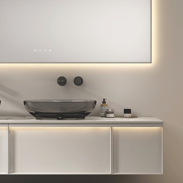 NESTIA – set mobilier de baie din lemn masiv 2000 × 500 × 400, cu lavoar din sticla, blat si oglinda