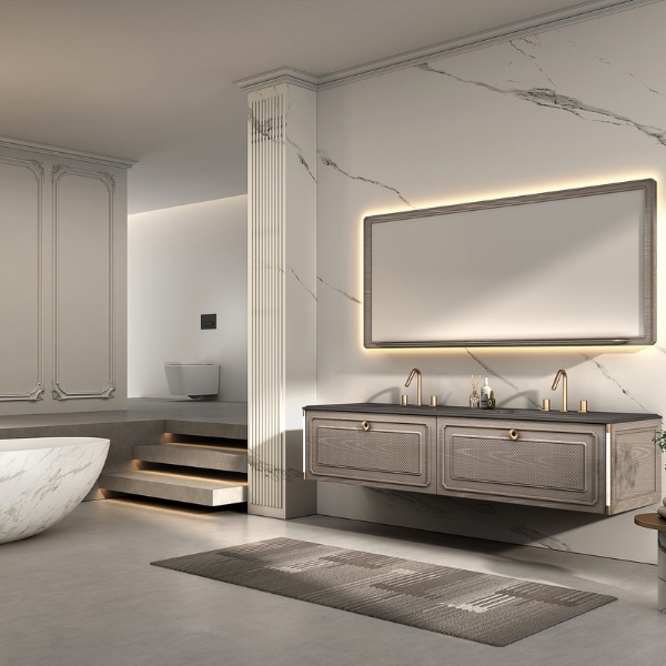 CALISTRA – set mobilier de baie din lemn masiv 1700 x 555 x 400, unicat, cu lavoar, blat din marmura naturala si oglinda
