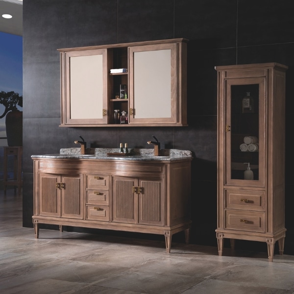 IMPERIA – set mobilier de baie din lemn de frasin 1500 × 590 × 850, cu lavoar, blat din marmura și oglindă