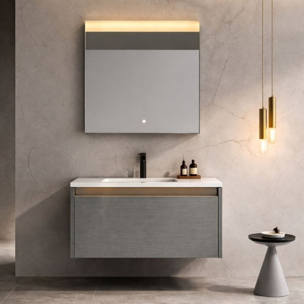 ALERA – set mobilier de baie din lemn masiv 800 × 555 × 400, cu lavoar, blat si oglinda
