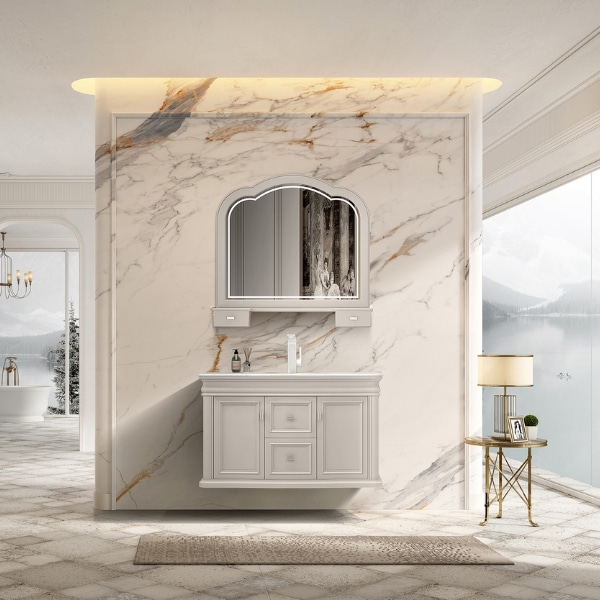 HARMONIA – set mobilier de baie din lemn masiv 1200 × 595 × 725, cu lavoar, blat din marmura naturala si oglinda