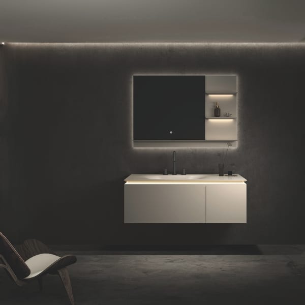 NEREA – set mobilier de baie din lemn masiv 1200 × 550 × 395, cu lavoar, blat si oglinda