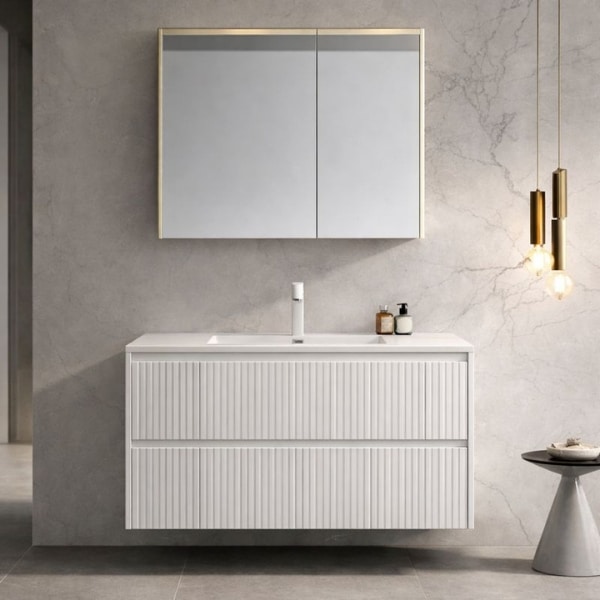 ELVO – set mobilier de baie din lemn masiv 800 × 545 × 548, cu lavoar, blat din ardezie si oglinda inteligenta