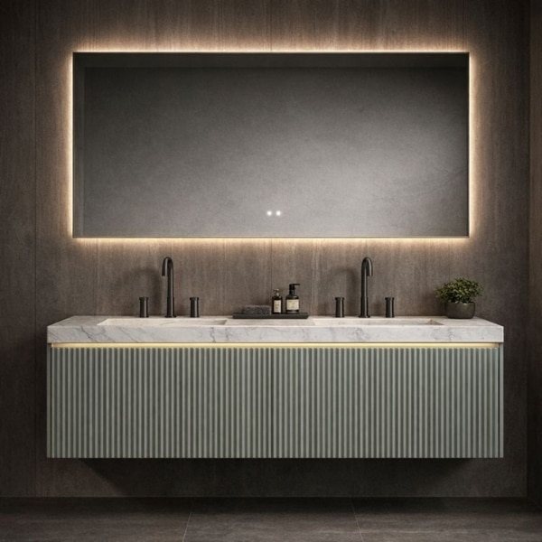 ALLIA – set mobilier de baie din lemn masiv 1500 × 542 × 360, unicat, cu lavoar, blat si oglinda
