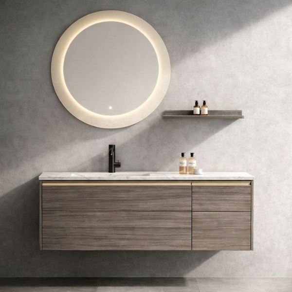 EDENA – Mobilier de baie suspendat din lemn masiv de frasin, 120 cm, cu lavoar integrat și oglindă LED