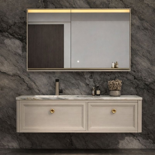 ILLUMA – set mobilier de baie din lemn masiv 1500 × 555 × 400, cu lavoar, blat din marmura naturala si oglinda inteligenta