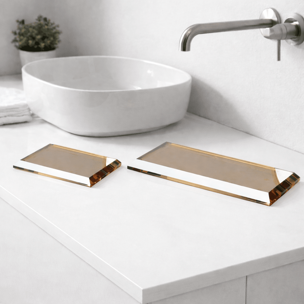 Tava organizare baie din cristal auriu, design diamant, 22x12 cm/32x12 cm, Havona