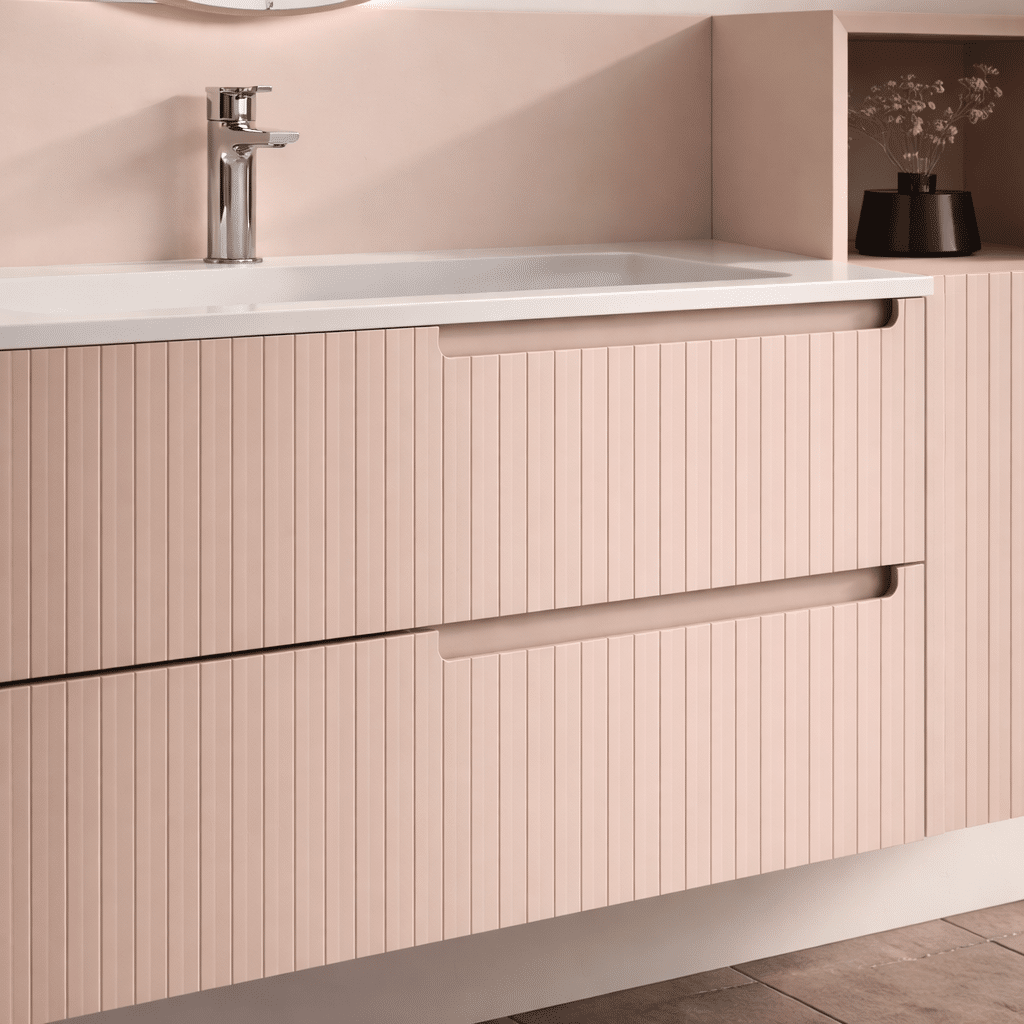 Set mobilier baie Fiora Synergy – unitate cu 2 sertare 60 cm + cabinet vanity 40 cm + blat Silexpol + oglindă Tondo 70 cm - imagine 2