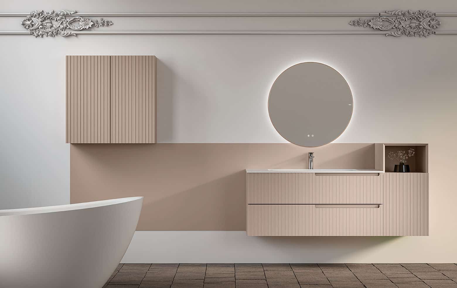 Set mobilier baie Fiora Synergy – unitate cu 2 sertare 60 cm + cabinet vanity 40 cm + blat Silexpol + oglindă Tondo 70 cm - imagine 3