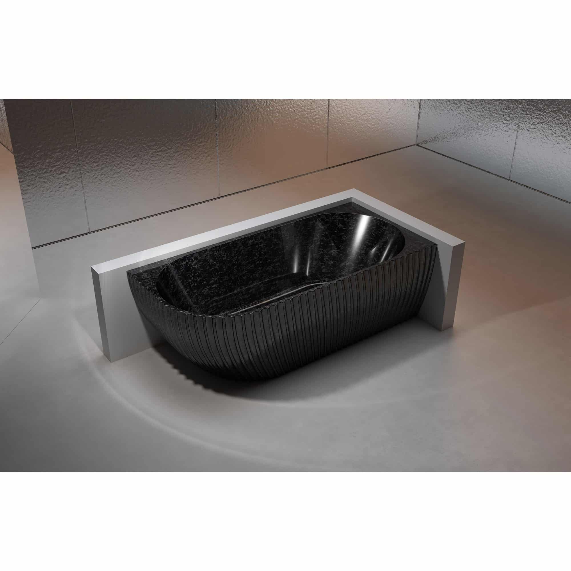 Cadă freestanding de colț din fibră de carbon cu aspect forjat, finisaj negru satinat, textură riflată, 1700x800 mm