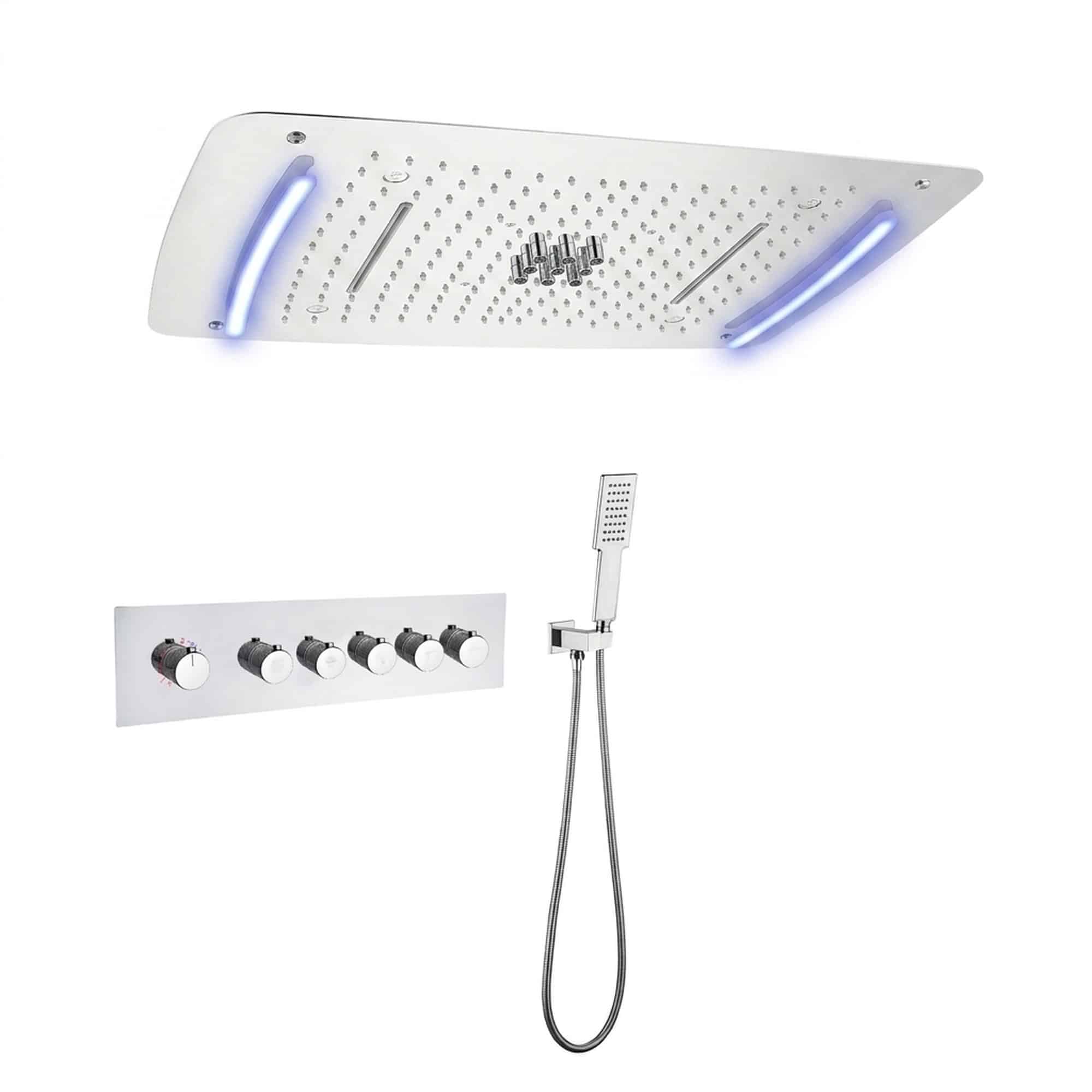Sistem de dus termostatic incastrat in tavan cu 5 functii, LED 7 culori, 680 x 430 mm, otel inoxidabil si alama, crom