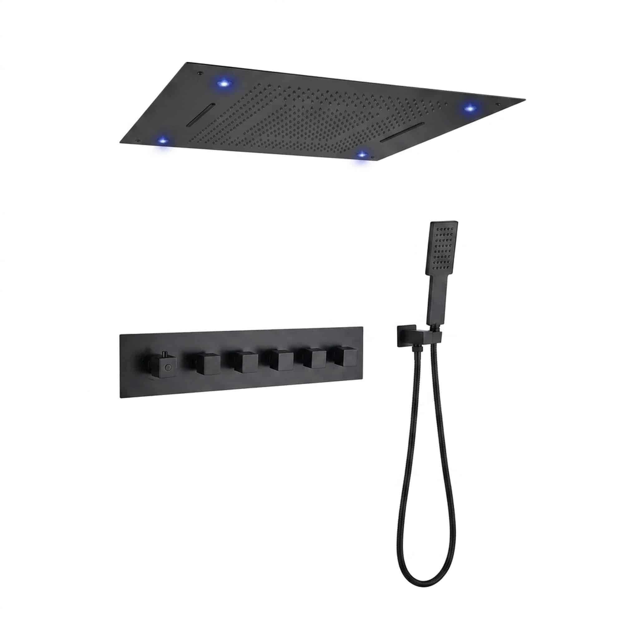 Sistem de dus termostatic incastrat in tavan cu 5 functii, LED 7 culori, 800 x 600 mm, otel inoxidabil si alama, negru mat