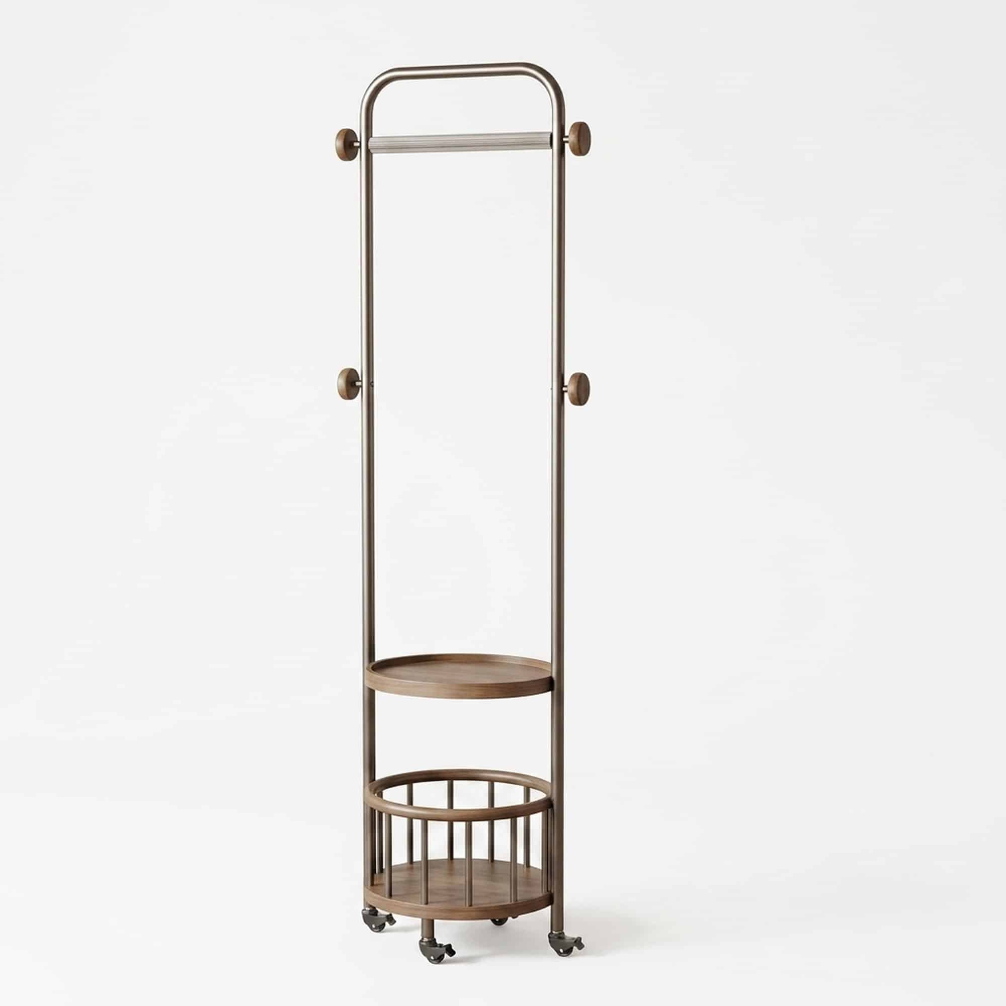 Cuier freestanding cu polite din lemn masiv si cos de rufe, otel inoxidabil Gri Titan, 40 cm