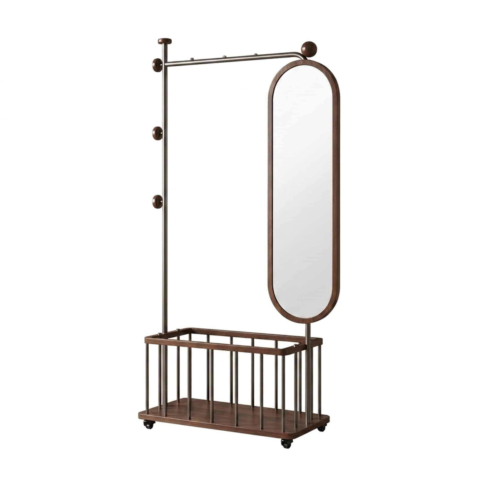 Cuier freestanding cu bara pentru umerase si cos de rufe, lemn de nuc si otel inoxidabil Gri Titan, 80 cm