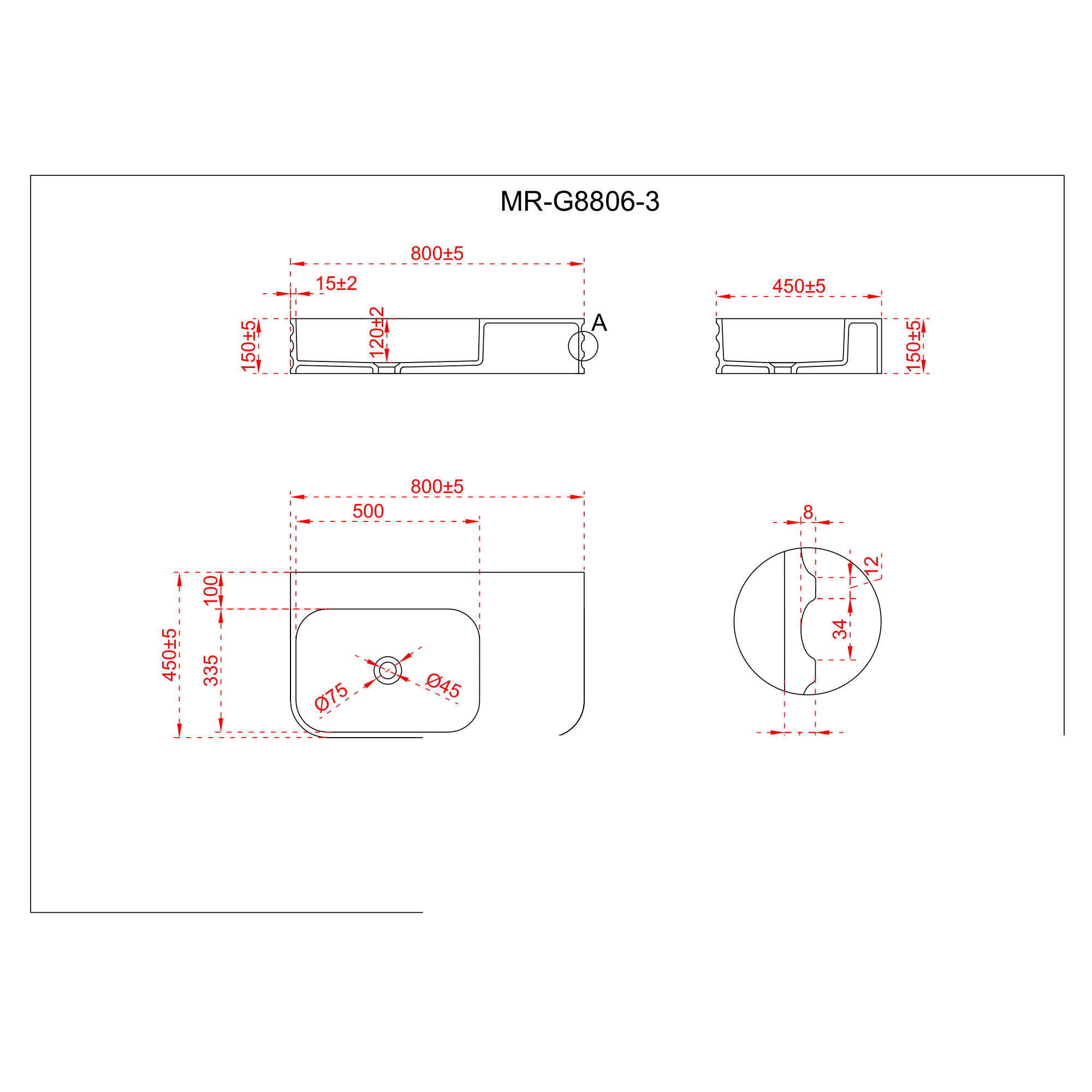 Lavoar pe blat riflat din compozit, alb mat, 800 × 450 × 150 mm - imagine 6