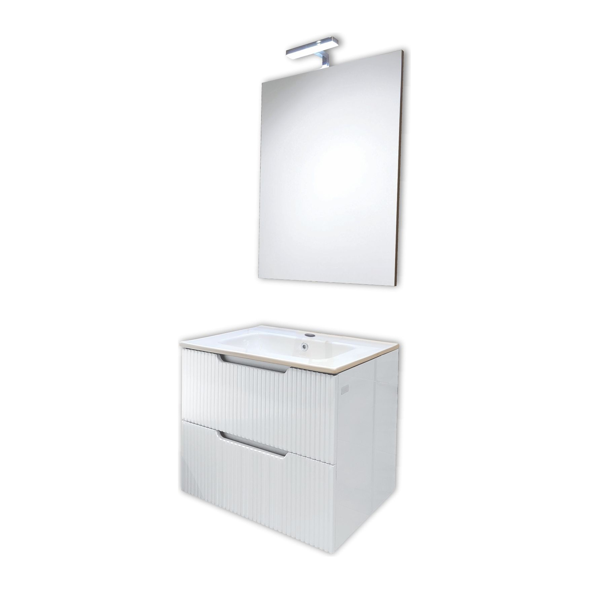 Set mobilier baie Savini Due Ibiza 60, baza suspendata riflata cu lavoar, oglinda si lampa LED